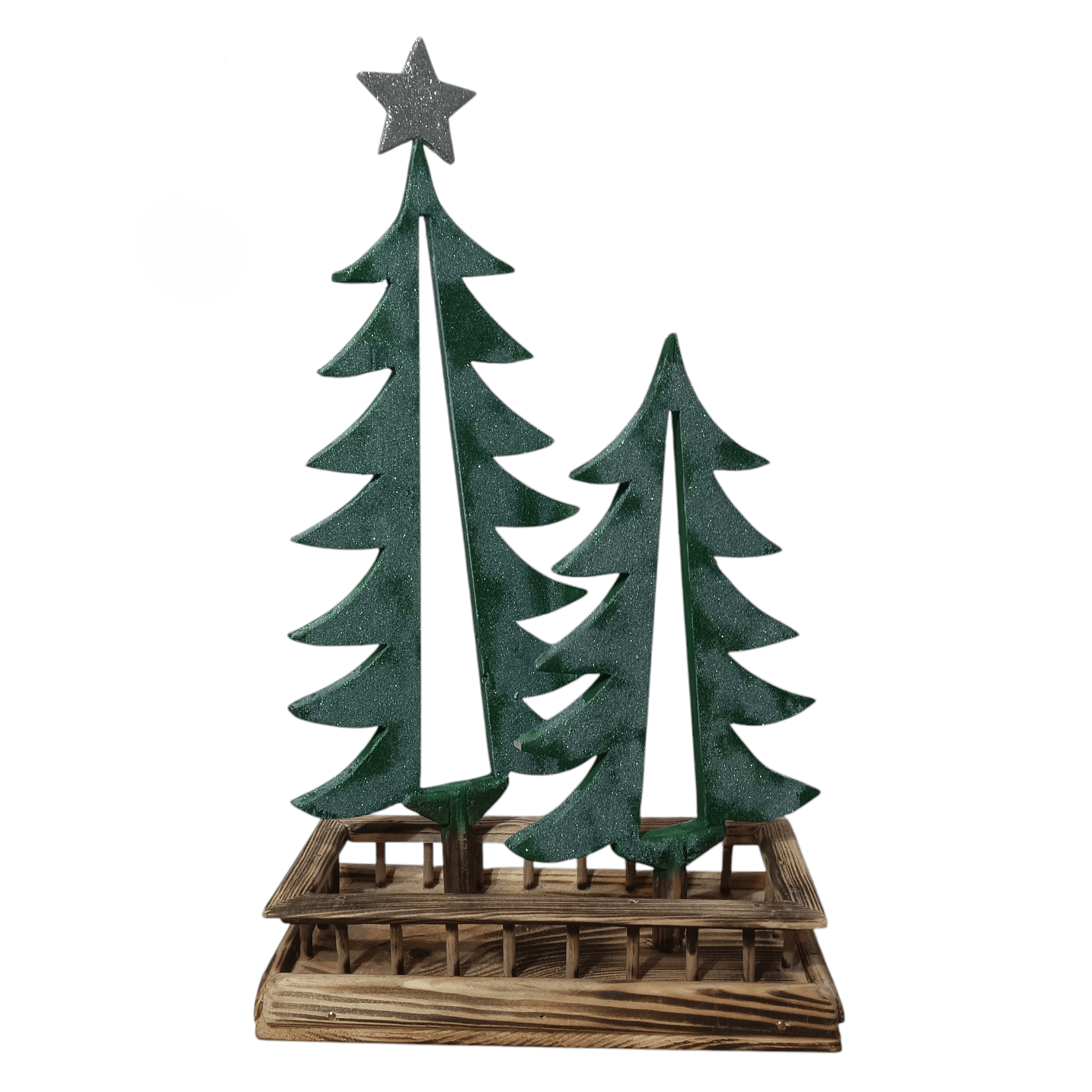 Drewniana, ręcznie wykonana podwójna choinka z koszem na prezenty. 0