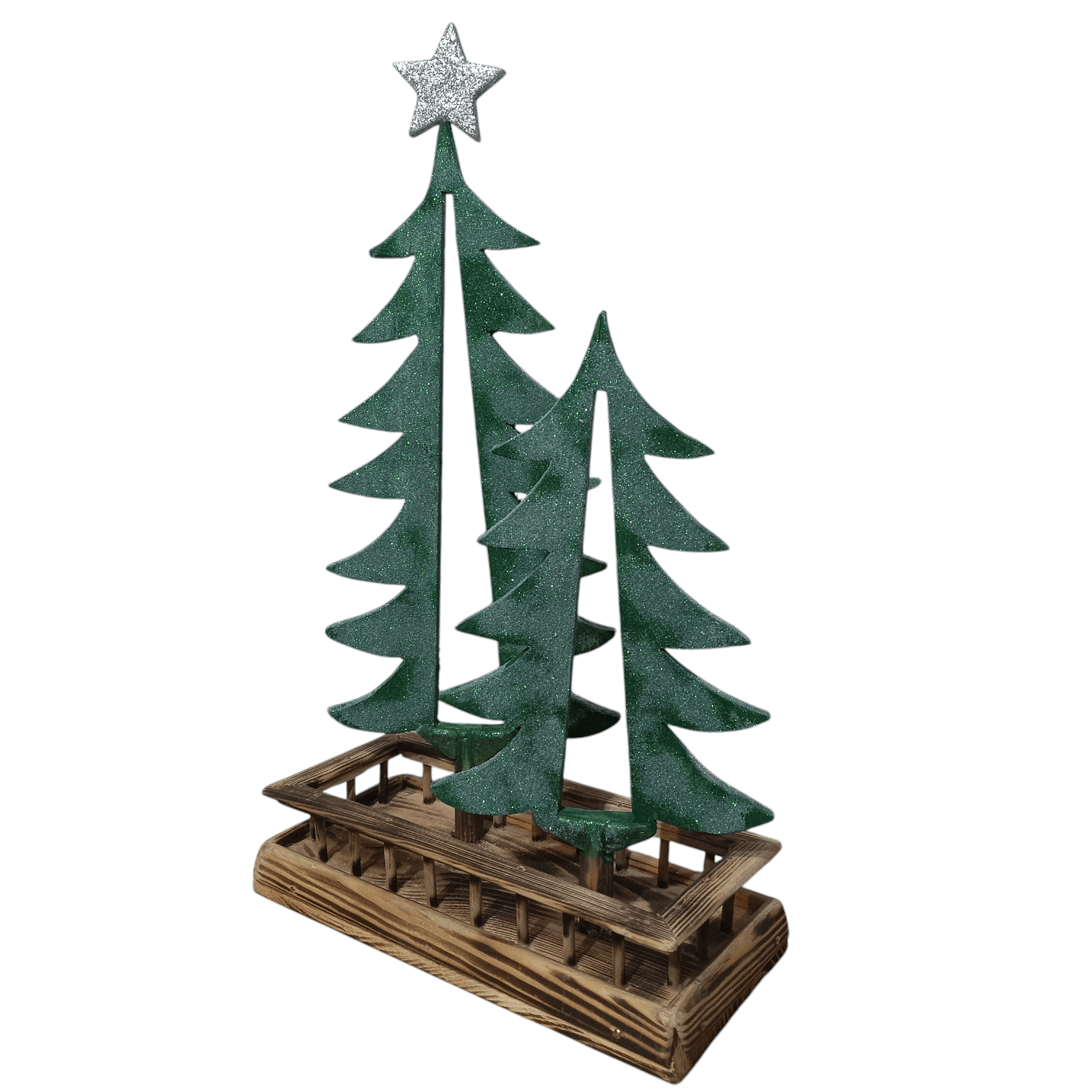 Drewniana, ręcznie wykonana podwójna choinka z koszem na prezenty. 1