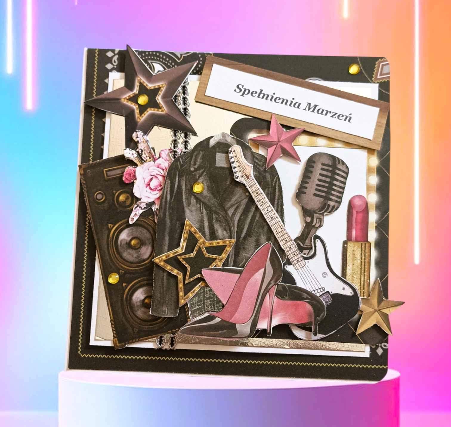 Ręcznie robiona kartka w rockowym stylu z pudełkiem prezentowym 0