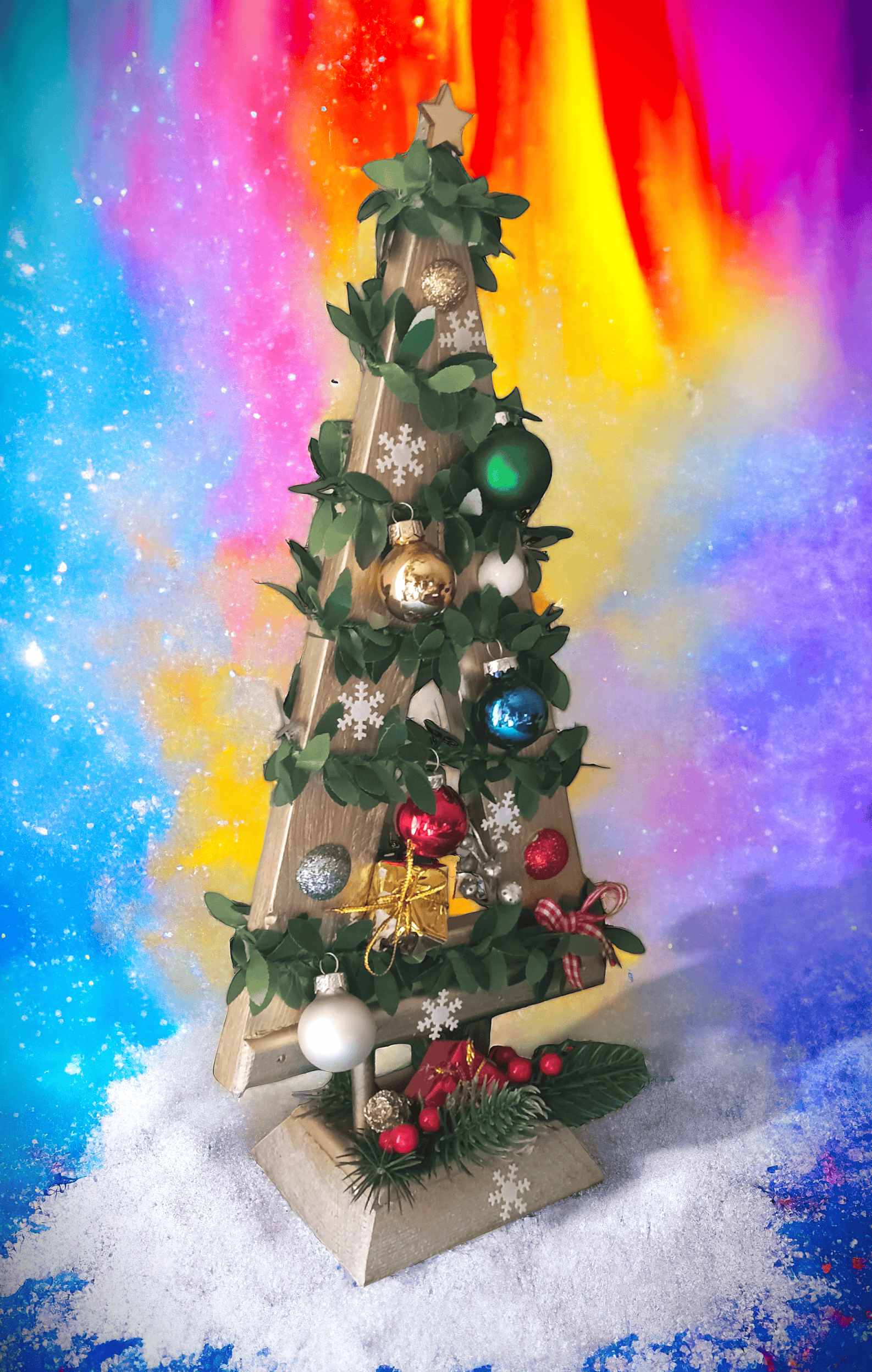 Świąteczna, drewniana choinka z dekoracją. 1